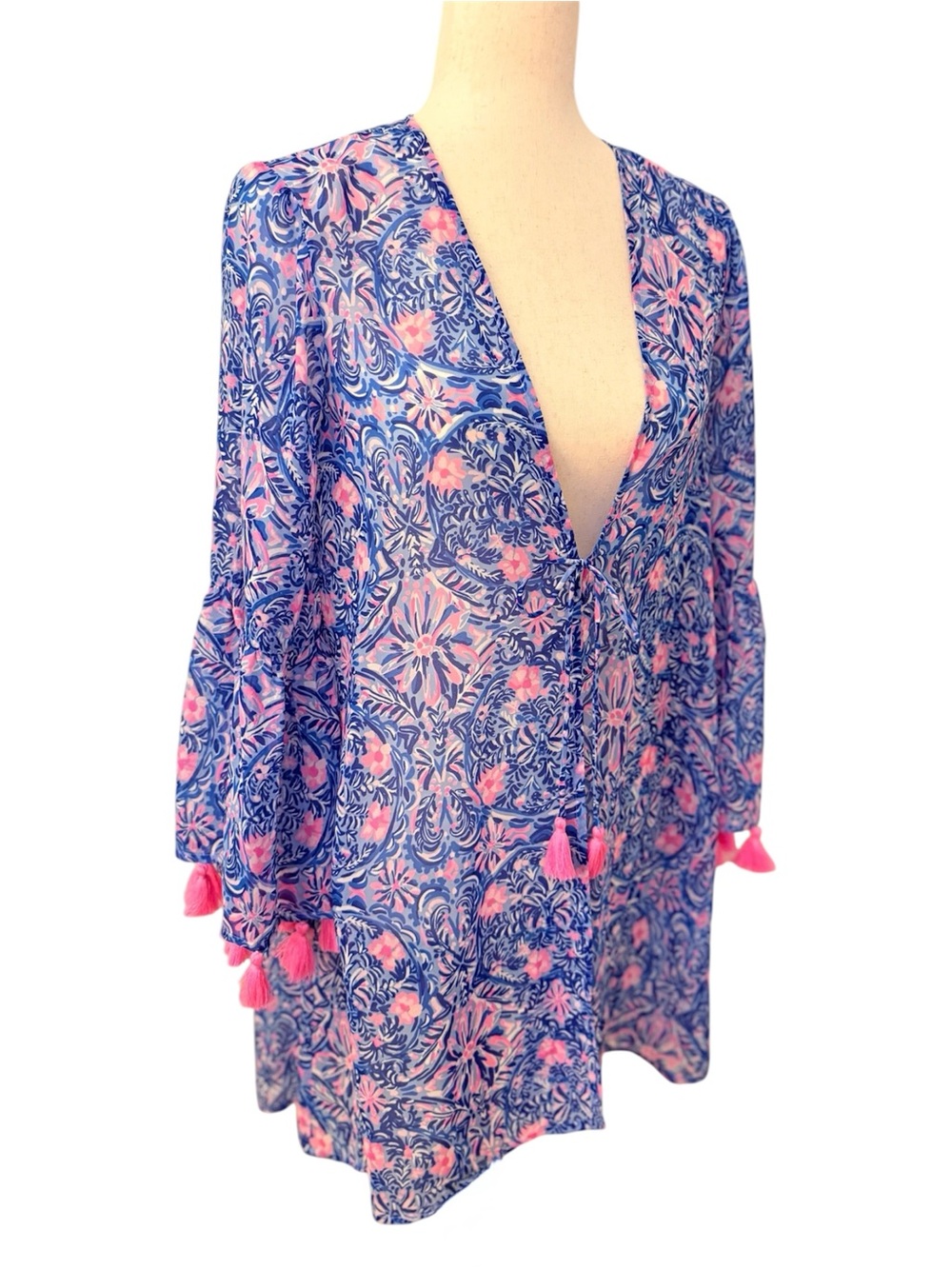 Lilly Pulitzer Blue Pink Floral Tassel Cover Up Tunic XS